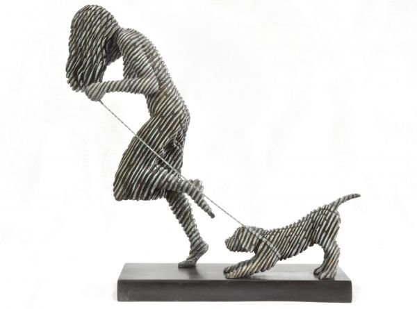 Bronze Girl Walking Dog in the Rain