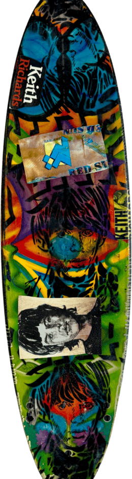 Bromley Surfboard art for sale multi-coloured with Keith Richards on it.
