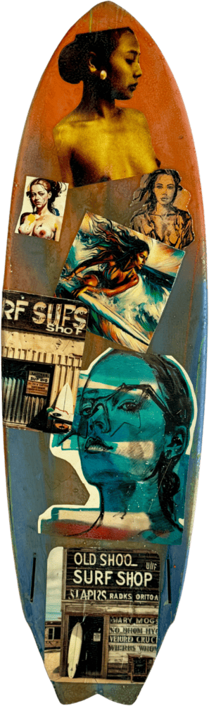 David Bromley Surfboard 4 BACK David Bromley Surfboard For Sale blue and brown women