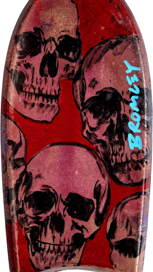 David Bromley Boogie Board Pink and red Skulls with Bromley signature in light blue