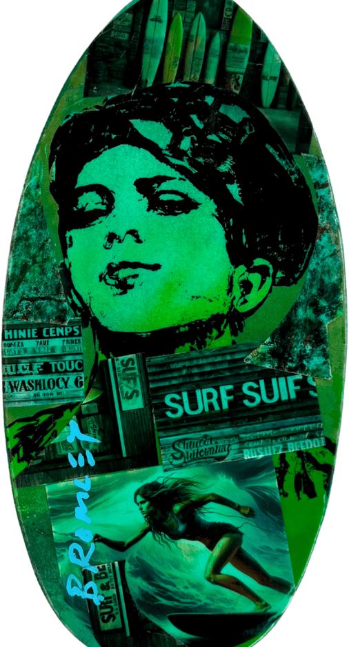 David Bromley Skim Board GREEN with girl surfing on it