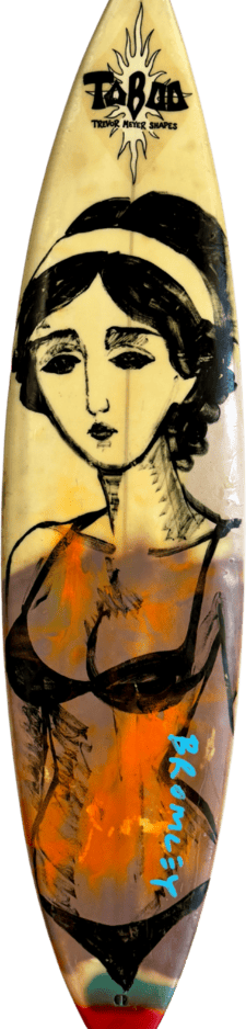 David Bromley Surfboard Yellow and orange woman in bikini